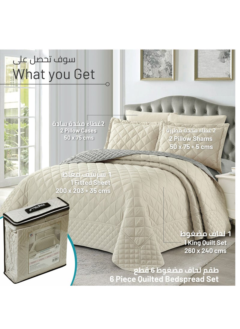 6-Piece King Size Quilted Compressed Comforter Set Microfiber Off White / Grey 240x260cm