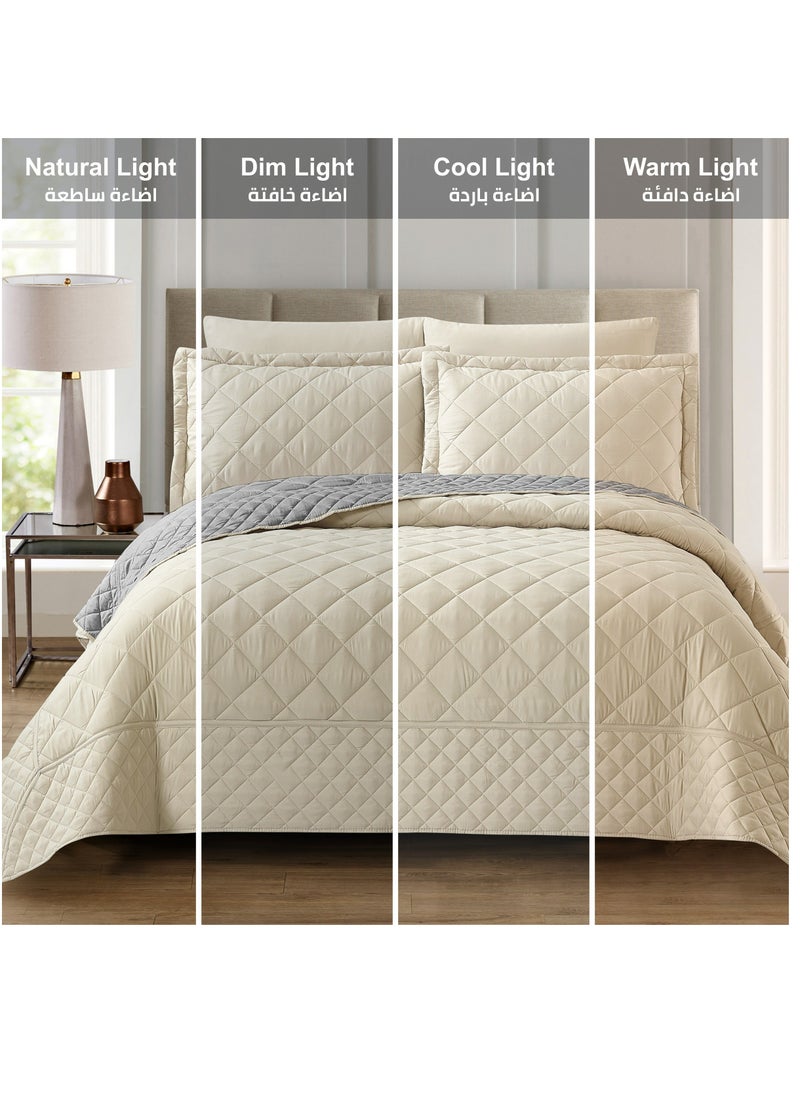 6-Piece King Size Quilted Compressed Comforter Set Microfiber Off White / Grey 240x260cm