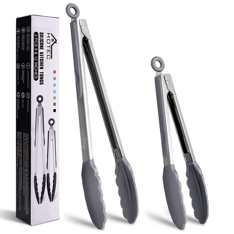 HOTEC Premium Stainless Steel Locking Kitchen Tongs with Silicon Tips Set of 29 and 12 Light Grey