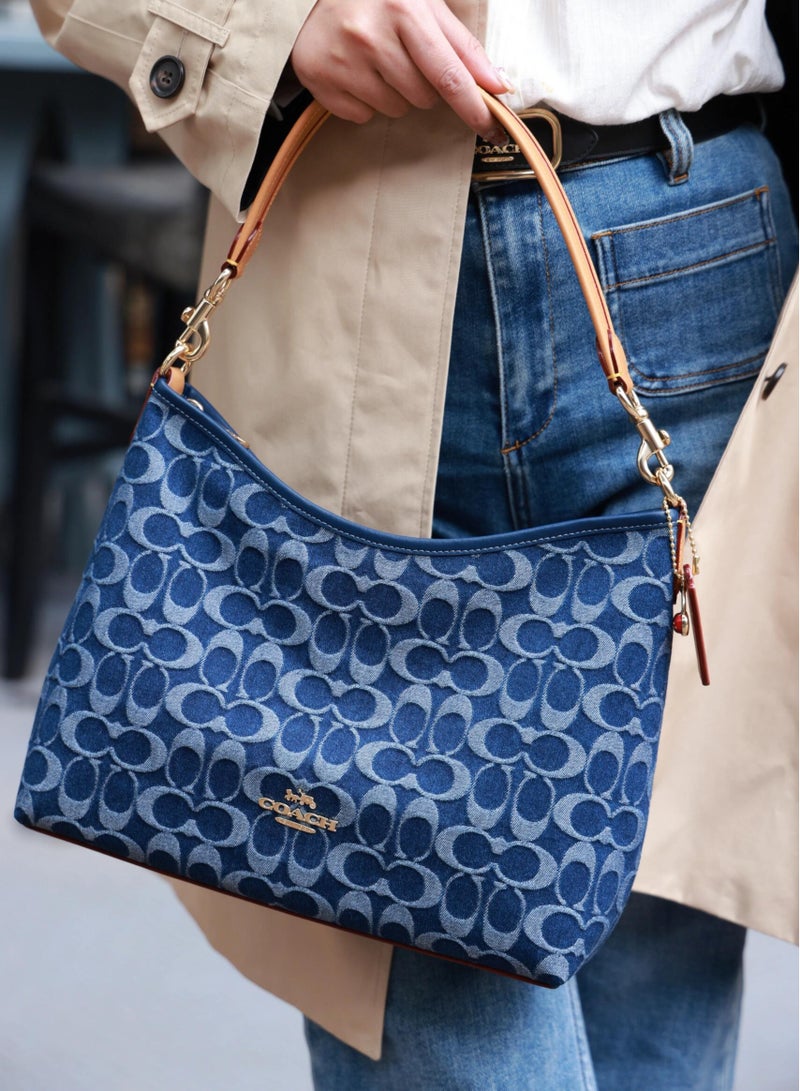 COACH Store COACH 31 Metallic Logo Detachable Shoulder Strap Zipper Closure Fabric Shoulder Bag Large Women's Denim Blue - Image 5
