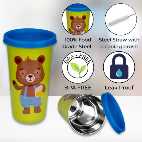 PDDFALCON Stainless Steel Cartoon Print Glass/Tumbler With Steel Straw,Cleaning Brush & Food Grade Cap for Straw, 100% Leak Proof, BIS Certified, Jindal Seal & Made In India- 450ml (Green) - Image 3
