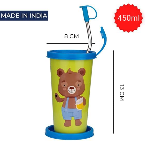 PDDFALCON Stainless Steel Cartoon Print Glass/Tumbler With Steel Straw,Cleaning Brush & Food Grade Cap for Straw, 100% Leak Proof, BIS Certified, Jindal Seal & Made In India- 450ml (Green) - Image 2