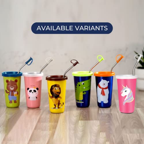 PDDFALCON Stainless Steel Cartoon Print Glass/Tumbler With Steel Straw,Cleaning Brush & Food Grade Cap for Straw, 100% Leak Proof, BIS Certified, Jindal Seal & Made In India- 450ml (Green) - Image 4