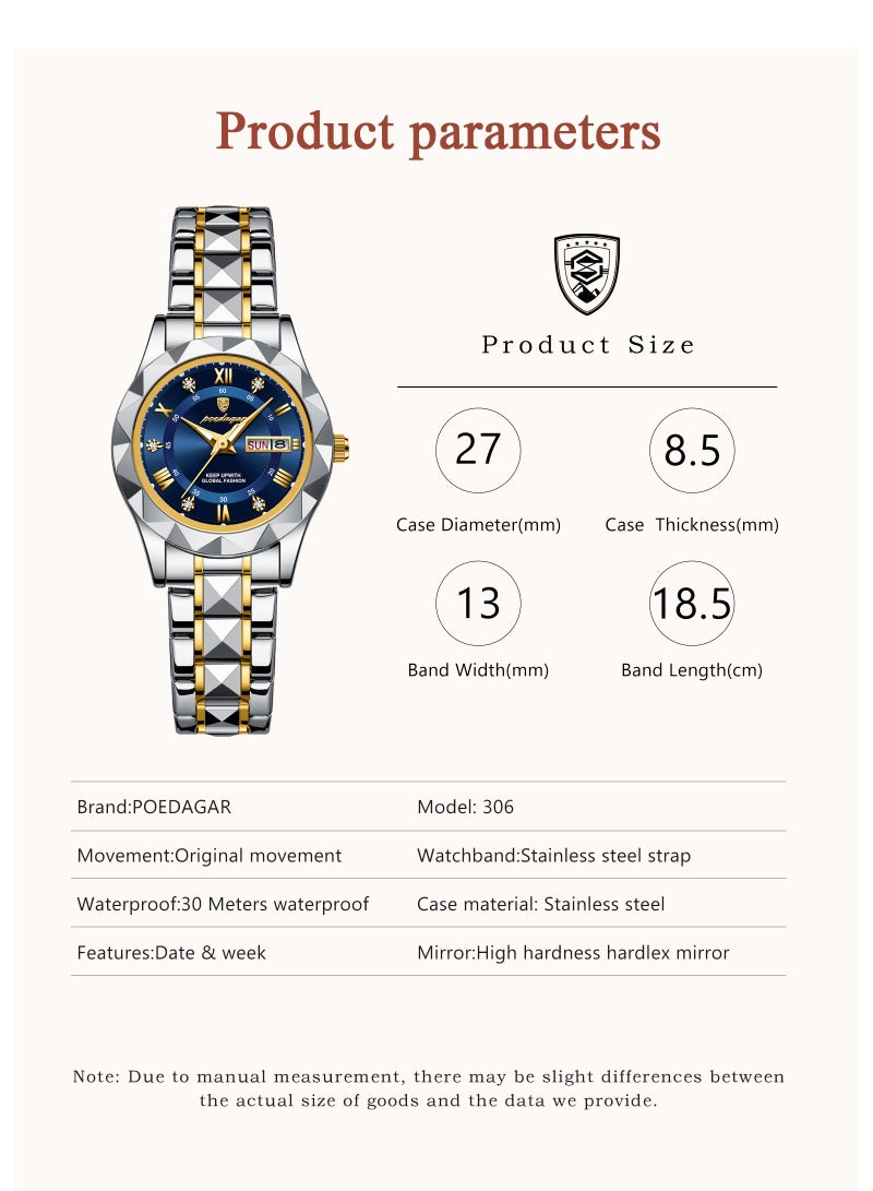 POEDAGAR Luxury Waterproof Luminous Women's Watch – Mineral Reinforced Glass, Stainless Steel Strap, 3D Diamond Dial, Dual Date Display - Image 2