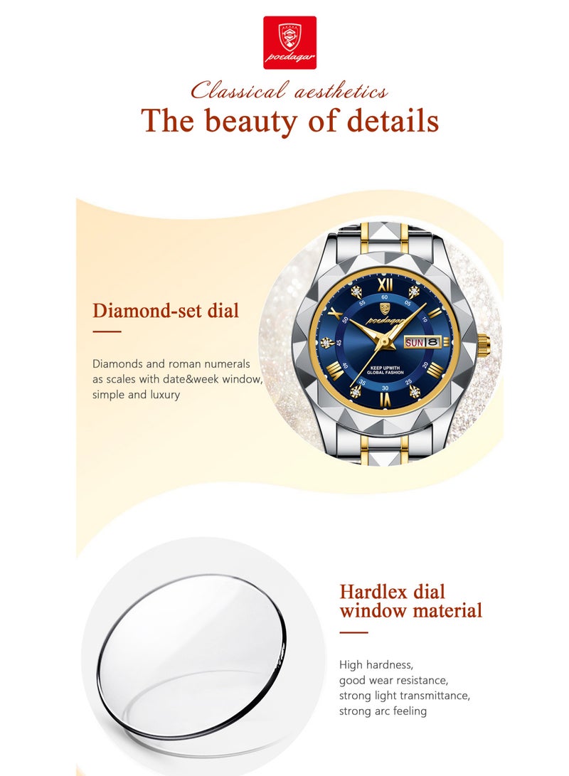 POEDAGAR Luxury Waterproof Luminous Women's Watch – Mineral Reinforced Glass, Stainless Steel Strap, 3D Diamond Dial, Dual Date Display - Image 3