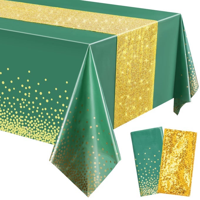 TABLECLOTH AND SEQUIN TABLE RUNNER SET POLKA DOTS CONFETTI TABLE COVER DINING PLASTIC TABLE CLOTHS GLITTER DECORATIONS FOR BIRTHDAY WEDDING ANNIVERSARY PARTY SUPPLIES GREEN GOLD 2 PCS