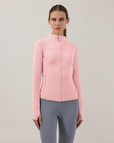 Locachy Women's Slim Fit Full Zip Athletic Running Sports Workout Jacket with Thumb Holes 02 Pink M - Image 2