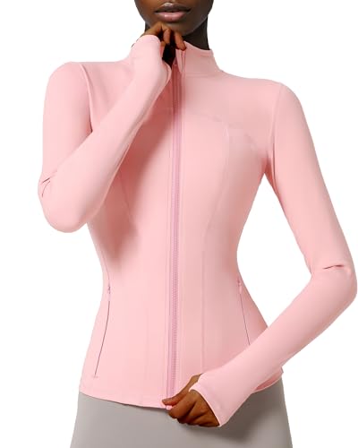 Locachy Women's Slim Fit Full Zip Athletic Running Sports Workout Jacket with Thumb Holes 02 Pink M - Image 1