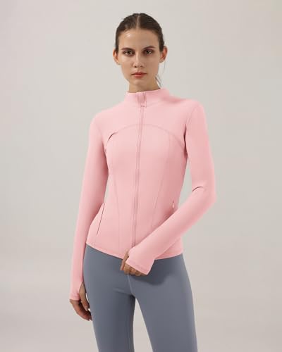 Locachy Women's Slim Fit Full Zip Athletic Running Sports Workout Jacket with Thumb Holes 02 Pink M - Image 4