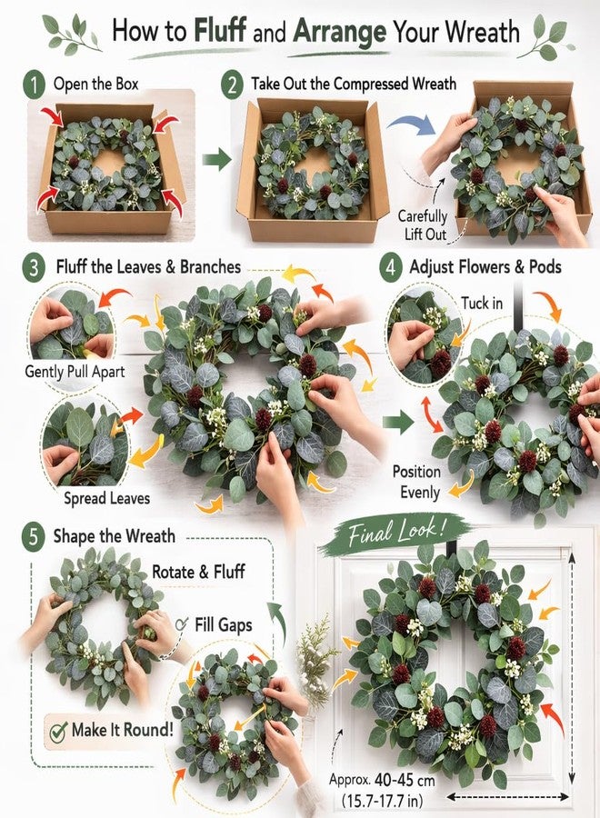 YUGALI 24" Spring Summer Wreaths for Front Door, Artificial Green Eucalyptus White Flower Cherry Blossom Grapevine Base for Farmhouse Porch Wedding Outdoor Indoor Year Round Home Decor - Image 4