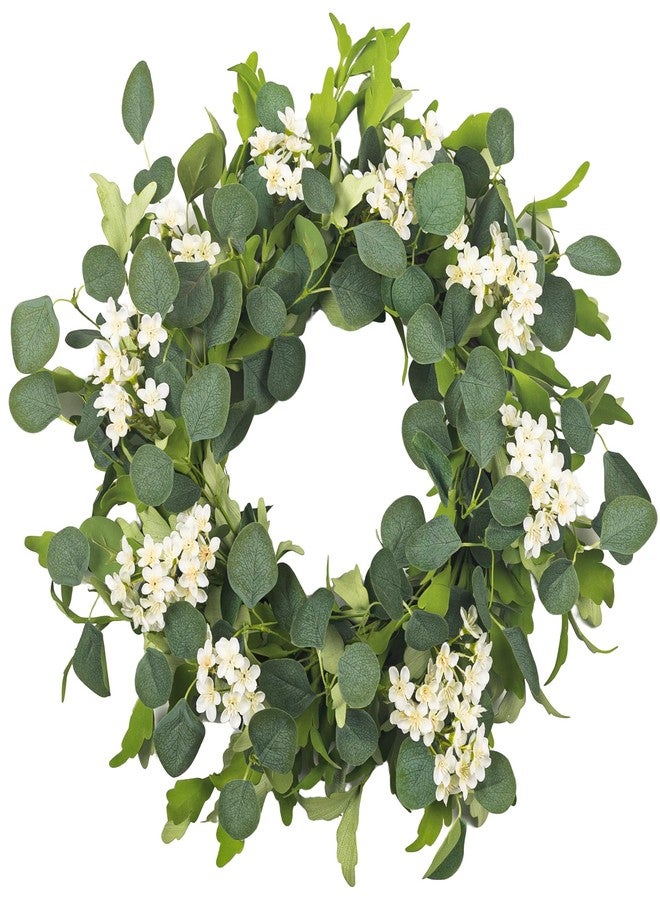 YUGALI 24" Spring Summer Wreaths for Front Door, Artificial Green Eucalyptus White Flower Cherry Blossom Grapevine Base for Farmhouse Porch Wedding Outdoor Indoor Year Round Home Decor - Image 1