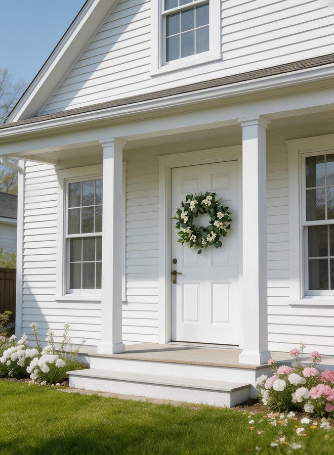 YUGALI 24" Spring Summer Wreaths for Front Door, Artificial Green Eucalyptus White Flower Cherry Blossom Grapevine Base for Farmhouse Porch Wedding Outdoor Indoor Year Round Home Decor - Image 5