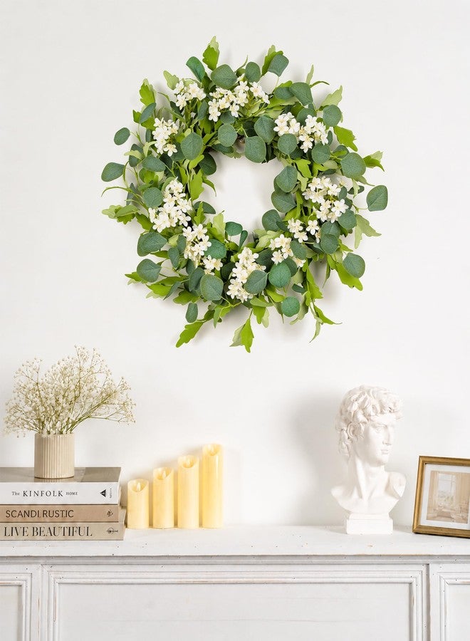 YUGALI 24" Spring Summer Wreaths for Front Door, Artificial Green Eucalyptus White Flower Cherry Blossom Grapevine Base for Farmhouse Porch Wedding Outdoor Indoor Year Round Home Decor - Image 2