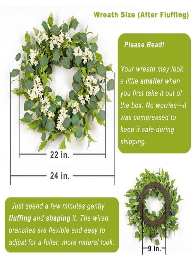 YUGALI 24" Spring Summer Wreaths for Front Door, Artificial Green Eucalyptus White Flower Cherry Blossom Grapevine Base for Farmhouse Porch Wedding Outdoor Indoor Year Round Home Decor - Image 3