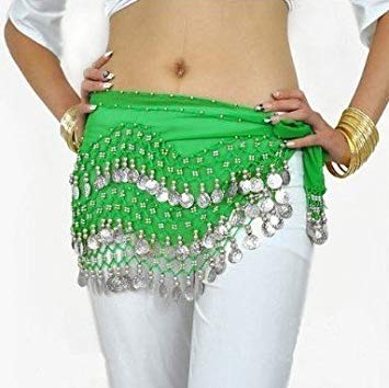 VRITRAZ Women's Chiffon Belly Dance Hip Scarf Waistband Belt Skirt with128 Ringy Golden Coins 128 Green - Image 4