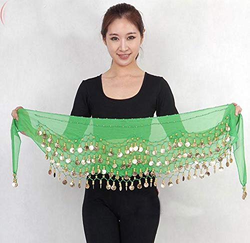 VRITRAZ Women's Chiffon Belly Dance Hip Scarf Waistband Belt Skirt with128 Ringy Golden Coins 128 Green - Image 3