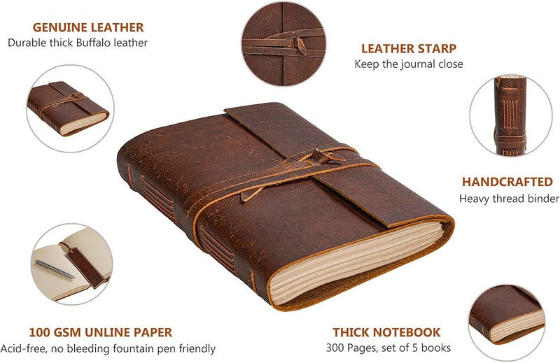 HLC Leather Journal Notebook - Rustic Handmade Vintage Leather Bound Journals for Men and Women - Leather Craft Unlined Paper 300 Pages, Leather Book Diary Pocket Notebook, Diary To Write In (5" x 7") - Image 2