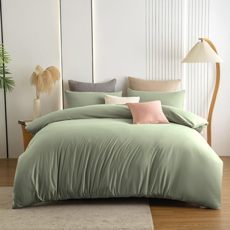 Soifox Double Duvet Cover Set  Sage Green Bedding Set Double Bed with Zipper Closure Soft Non Iron Microfiber Duvet Cover with 2 Pillowcases