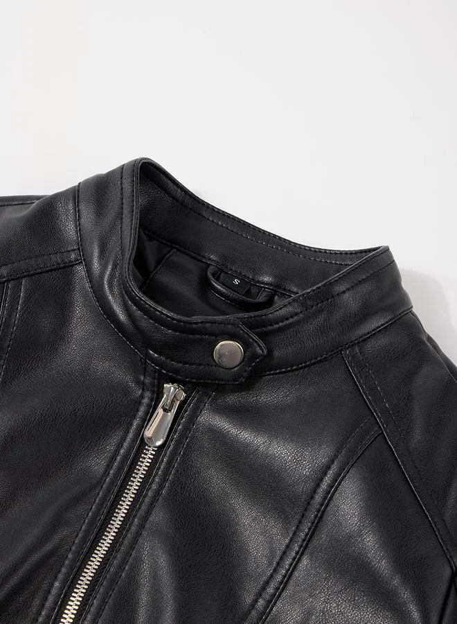 Take Two Black Solid Zip Up Biker Jacket