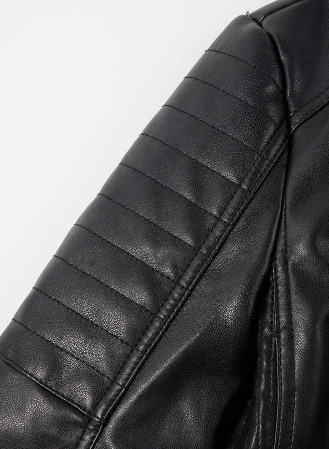 Take Two Black Solid Zip Up Biker Jacket