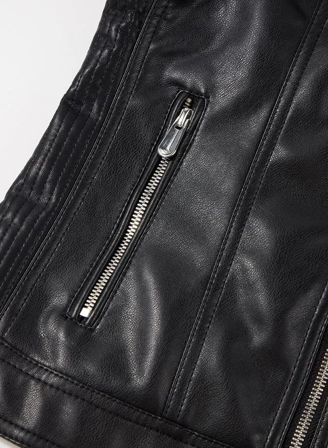 Take Two Black Solid Zip Up Biker Jacket