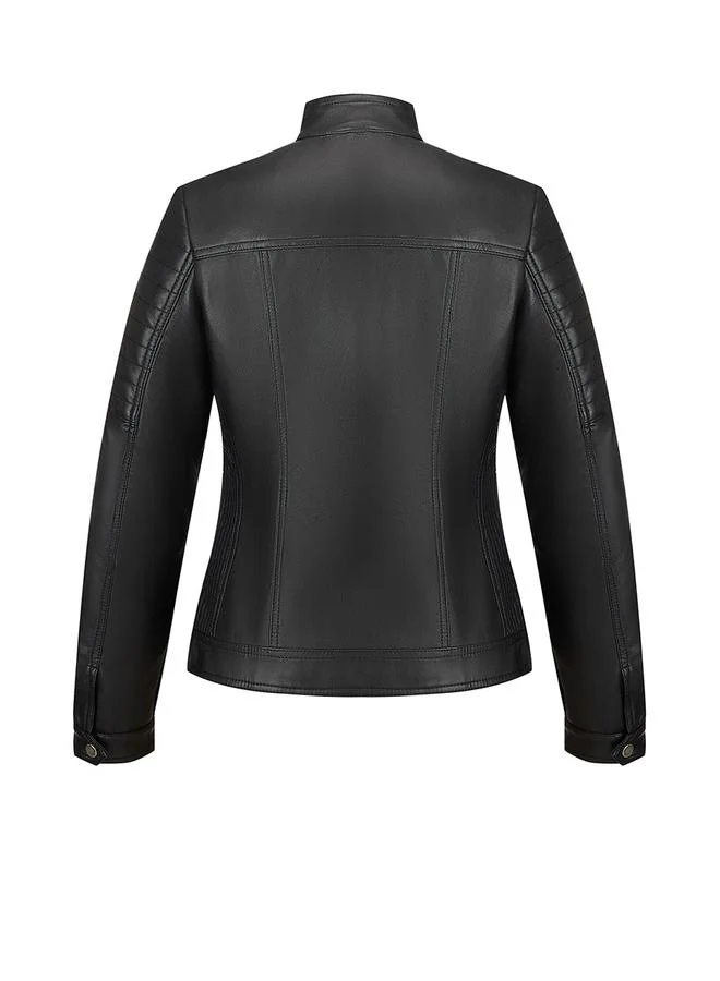 Take Two Black Solid Zip Up Biker Jacket