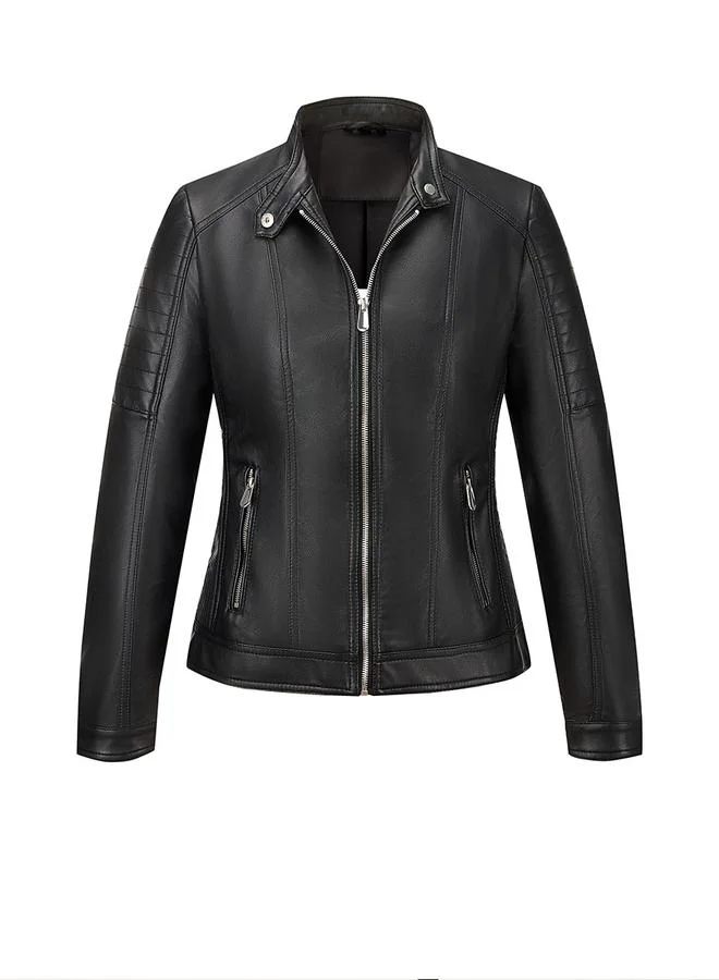 Take Two Black Solid Zip Up Biker Jacket