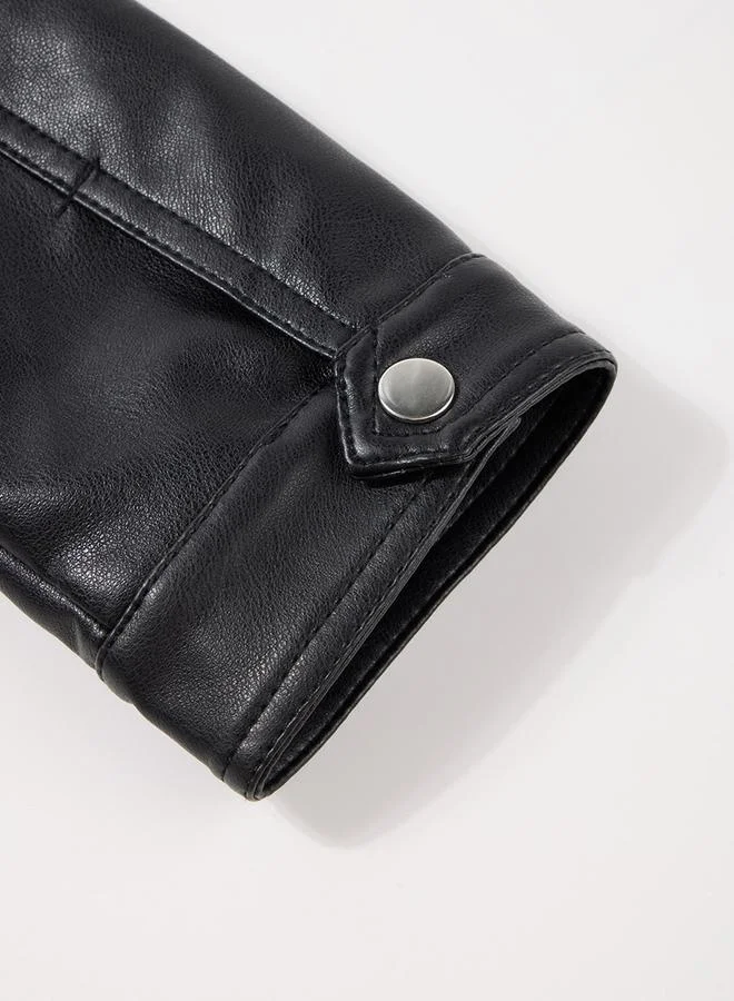 Take Two Black Solid Zip Up Biker Jacket