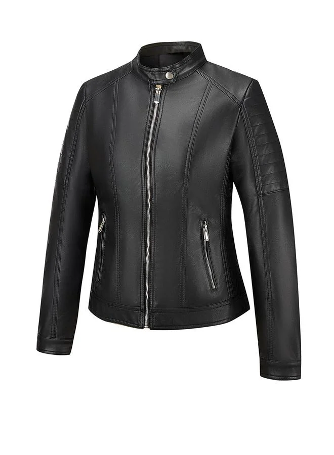 Take Two Black Solid Zip Up Biker Jacket