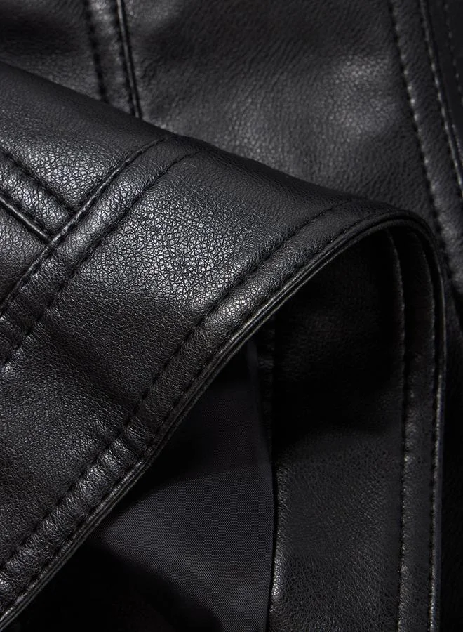 Take Two Black Solid Zip Up Biker Jacket