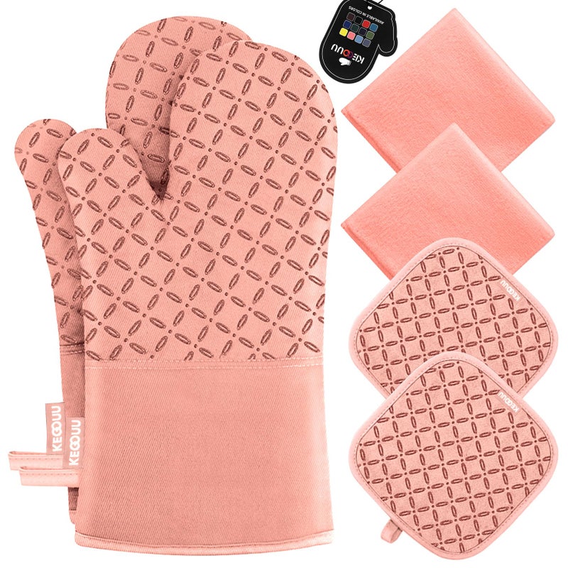 KEGOUU KEGOUU Oven Mitts and Pot Holders 6pcs Set Kitchen Oven Glove High Heat Resistant 500 Degree Extra Long Oven Mitts and Potholder with NonSlip Silicone Surface for Cooking Pink 