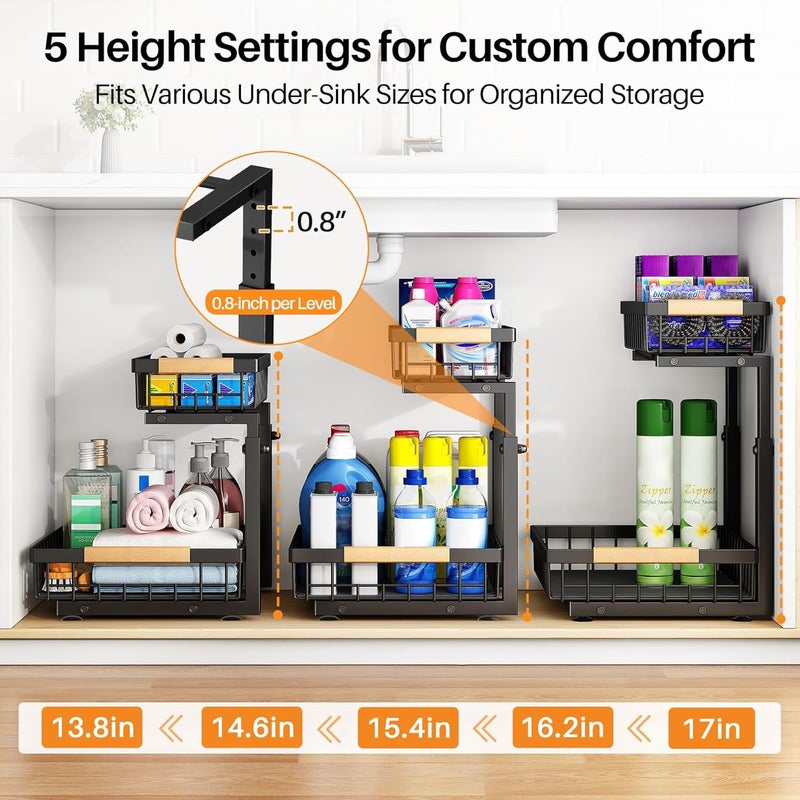 PXRACK Under Sink Organizer, Adjustable Height, 2 Tier Pull Out Under Cabinet Organizer, Slide Out Thickened Metal Under Sink Storage for Kitchen Bathroom Laundry Pantry Cabinet,1-Pack, Black - Image 3