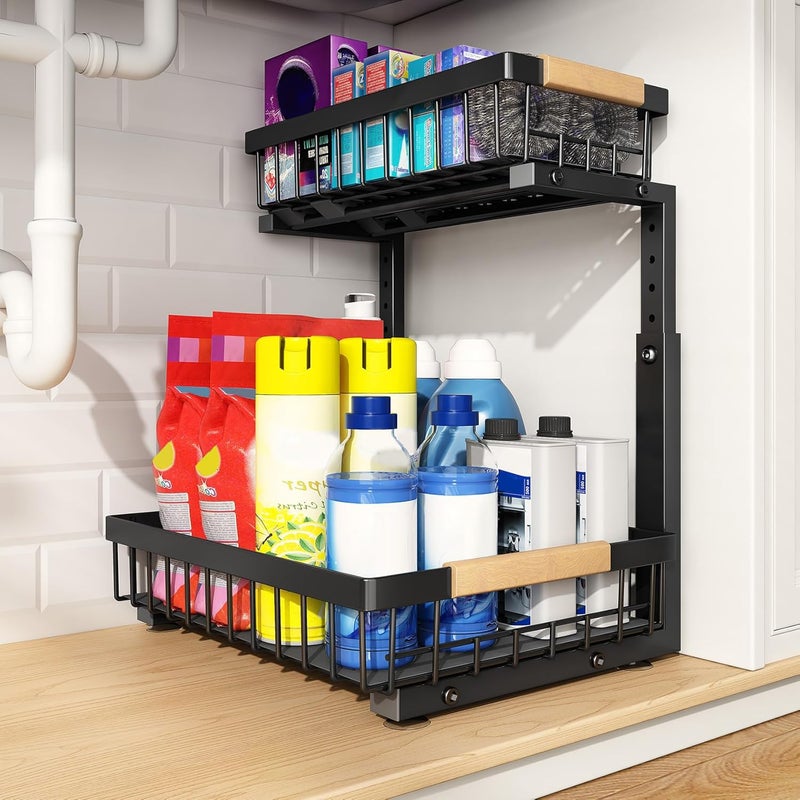 PXRACK Under Sink Organizer, Adjustable Height, 2 Tier Pull Out Under Cabinet Organizer, Slide Out Thickened Metal Under Sink Storage for Kitchen Bathroom Laundry Pantry Cabinet,1-Pack, Black - Image 1
