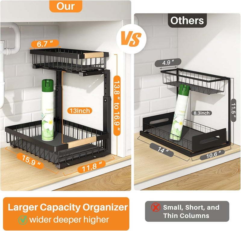 PXRACK Under Sink Organizer, Adjustable Height, 2 Tier Pull Out Under Cabinet Organizer, Slide Out Thickened Metal Under Sink Storage for Kitchen Bathroom Laundry Pantry Cabinet,1-Pack, Black - Image 2