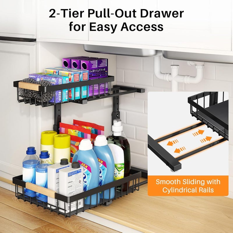 PXRACK Under Sink Organizer, Adjustable Height, 2 Tier Pull Out Under Cabinet Organizer, Slide Out Thickened Metal Under Sink Storage for Kitchen Bathroom Laundry Pantry Cabinet,1-Pack, Black - Image 5