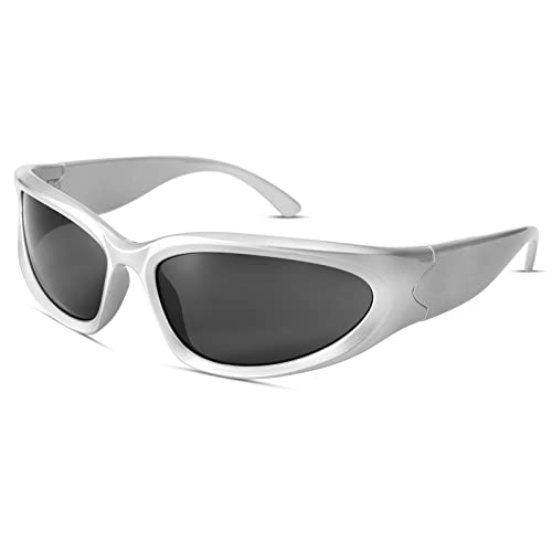 COASION Wrap Around Fashion Sunglasses Oval Dark Vintage Sun Glasses for Men Women Outdoor Sport Shades UV400 Eyeglasses (Silver/Grey) - Image 3
