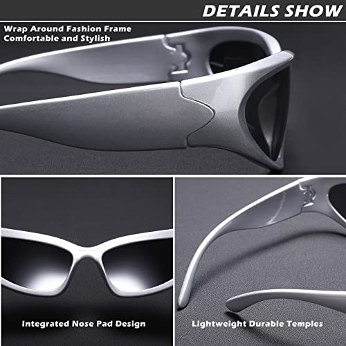COASION Wrap Around Fashion Sunglasses Oval Dark Vintage Sun Glasses for Men Women Outdoor Sport Shades UV400 Eyeglasses (Silver/Grey) - Image 5