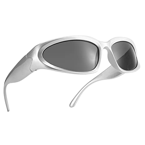 COASION Wrap Around Fashion Sunglasses Oval Dark Vintage Sun Glasses for Men Women Outdoor Sport Shades UV400 Eyeglasses (Silver/Grey) - Image 2