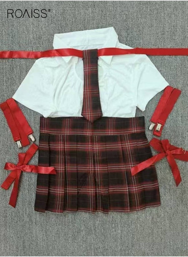 roaiss Tartan Lingerie Set with Tie for Women Girls College Style Comfy and Soft Ladies Cute Waistless Top and Strappy Plaid Skirt Sets  - Image 1