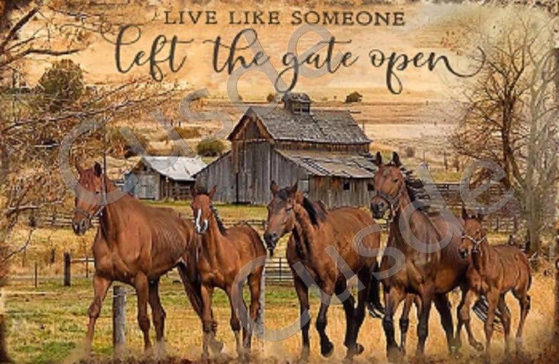 Cusde Vintage Metal Tin Sign Horses Live Like Someone Left The Gate Open Wall Decor Retro Decorations Funny Poster for Home Kitchen Farmhouse Home House Yard 8x12 Inch - Image 1