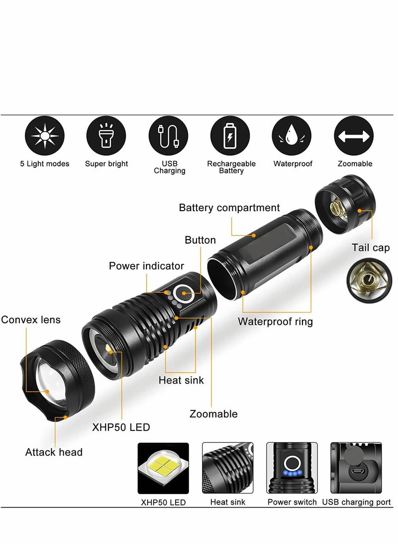 Generic - Flashlight Led USB Rechargeable 5000 lumens Torch Light XHP50, Super Bright 5 Modes Flashlights IP67 Waterproof Zoomable for Outdoor Camping Hiking Emergency - Image 1