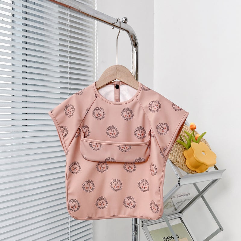 Baby Waterproof PU Feeding Bib Apron Pink Lion 