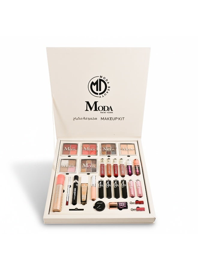 MODA BEAUTY A complete luxury makeup box, a comprehensive professional set for face, eyes, and lips.