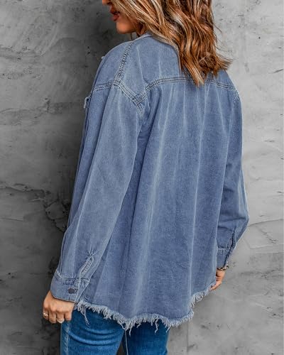 Vetinee Jacket for Women Oversized Boyfriend Thousand Oceans Blue Front Button Up Frayed Raw Hem Long Sleeve Pockets Denim Jean Shacket Small Size 4-6 - Image 3