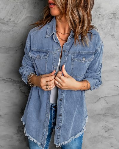 Vetinee Jacket for Women Oversized Boyfriend Thousand Oceans Blue Front Button Up Frayed Raw Hem Long Sleeve Pockets Denim Jean Shacket Small Size 4-6 - Image 2