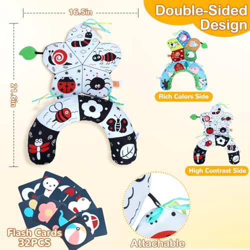 USATDD Tummy Time Pillow High Contrast Tummy Time Mat with Black White Flash Cards DoubleSided Tummy Time Cushion with Mirror Teether Sensory Toys Baby Toys for Infant Newborn 06 Months Babies - Image 3