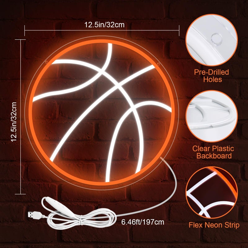 HOSITARK Basketball Neon Sign, Basketball LED Neon Light for Wall Decor, Dimmable USB-Powered Basketball Light with ON/OFF Switch for Kids, Man Cave, Boys' & Game Rooms, Gift for Basketball Fans - Image 2