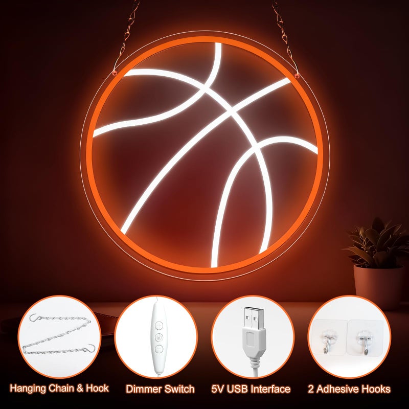 HOSITARK Basketball Neon Sign, Basketball LED Neon Light for Wall Decor, Dimmable USB-Powered Basketball Light with ON/OFF Switch for Kids, Man Cave, Boys' & Game Rooms, Gift for Basketball Fans - Image 3