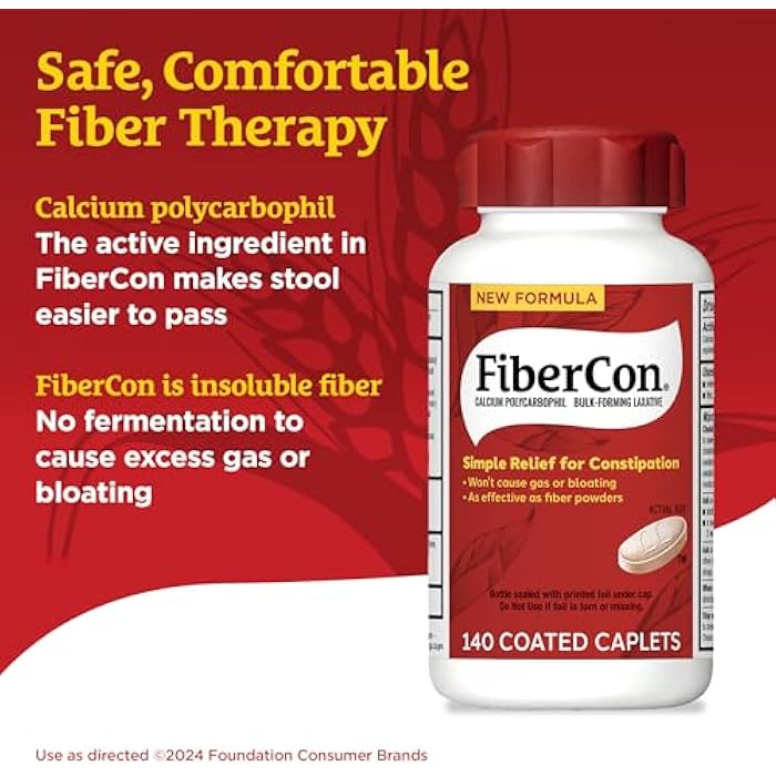 FiberCon Fiber Therapy Coated Caplets, Safe, Simple & Comfortable Insoluble Fiber for Bowel Irregularity, Comfortable Constipation Relief with No Gas or Bloating, 140 Caplets - Image 3