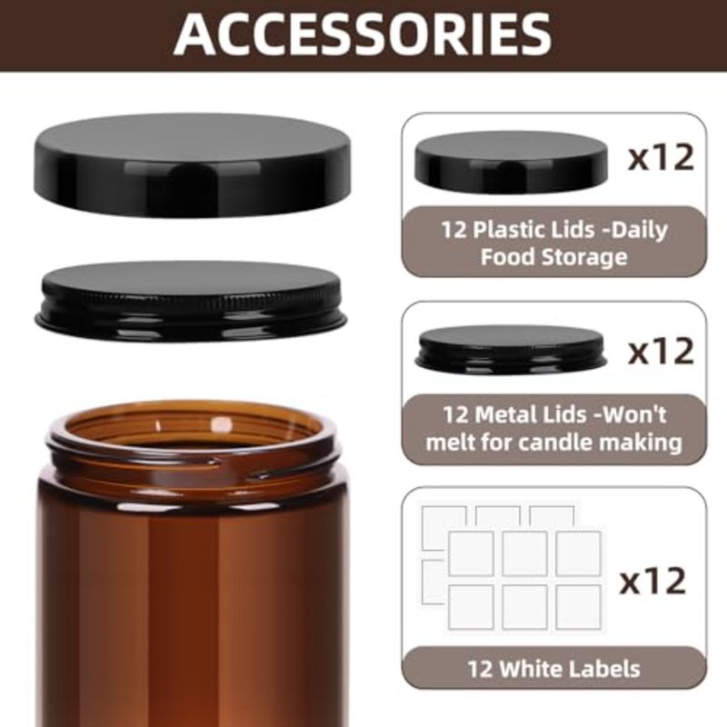 8oz Amber Glass Jars with Plastic and Metal Lids, 12 Pack Airtight Empty Candle Jars, Small Mason Jars for Food Storage, Spices, Honey, Candy, DIY Candles, and Crafts - Image 2